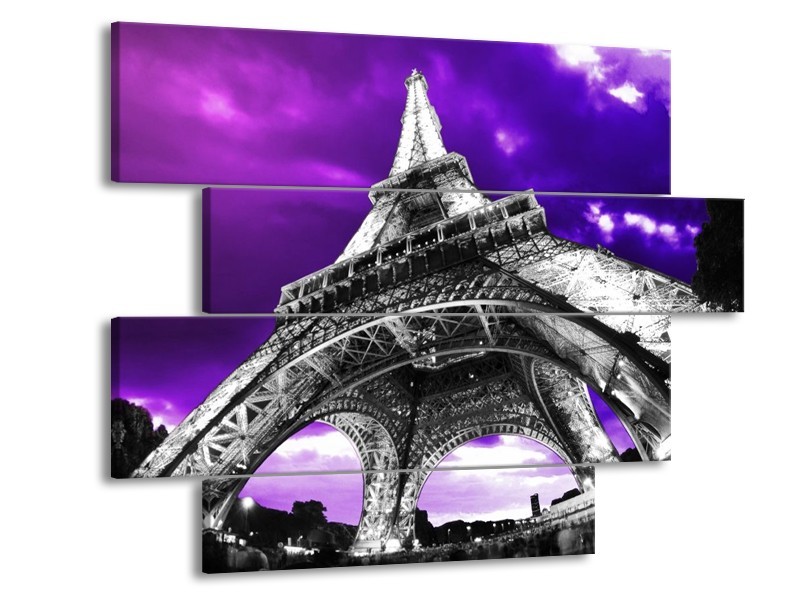 Glas schilderij Eiffeltoren | Paars, Zwart, Grijs | 115x85cm 4Luik
