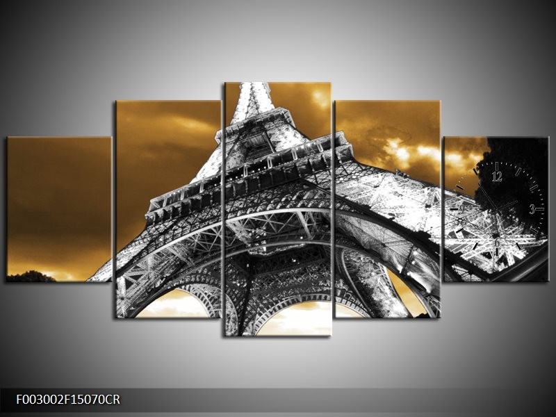 Klok schilderij Eiffeltoren | Grijs, Bruin, Zwart | 150x70cm 5Luik