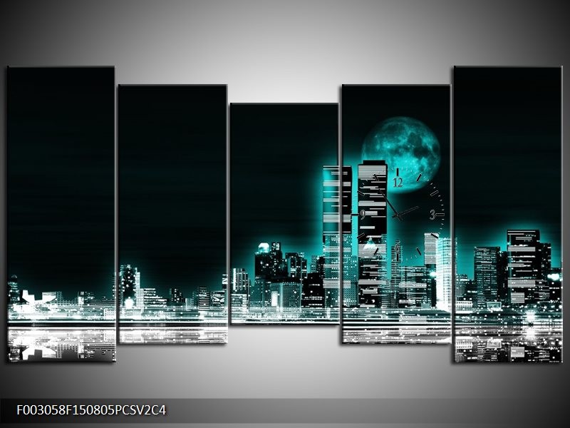 Klok schilderij Nacht | Groen, Zwart, Grijs | 150x80cm 5Luik