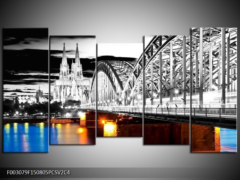 Klok schilderij Brug | Grijs, Bruin, Blauw | 150x80cm 5Luik