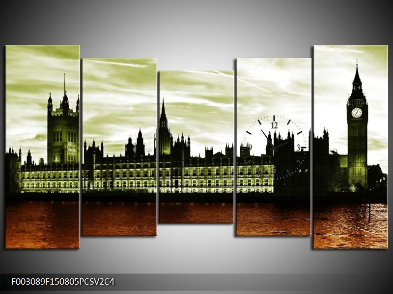 Klok schilderij Londen | Bruin, Groen | 150x80cm 5Luik