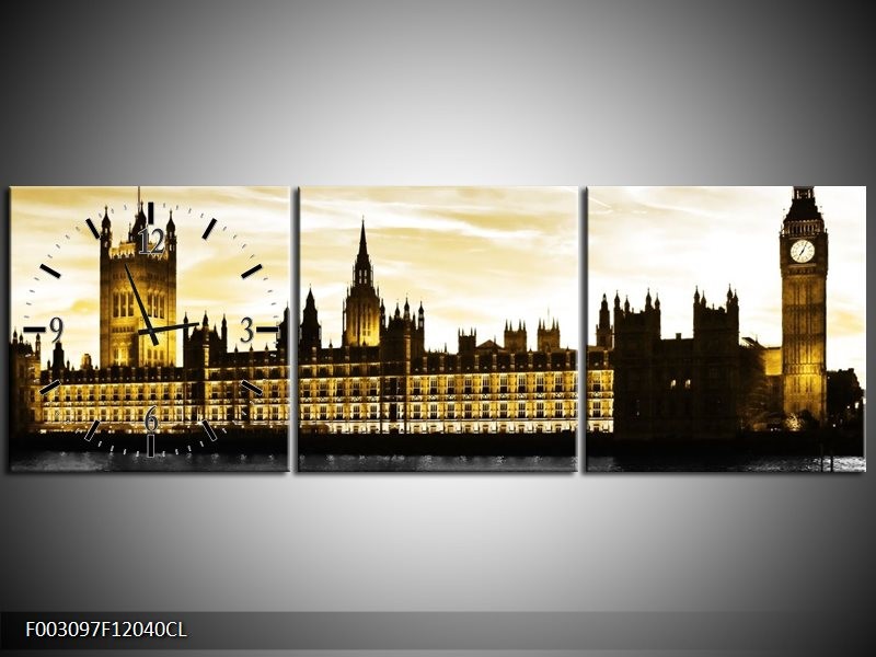 Klok schilderij Londen | Geel, Zwart, Wit | 120x40cm 3Luik