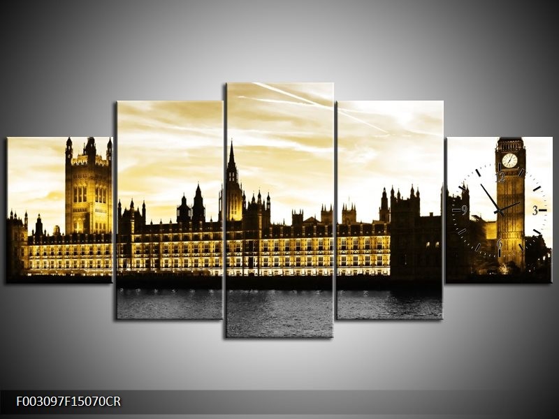 Klok schilderij Londen | Geel, Zwart, Wit | 150x70cm 5Luik