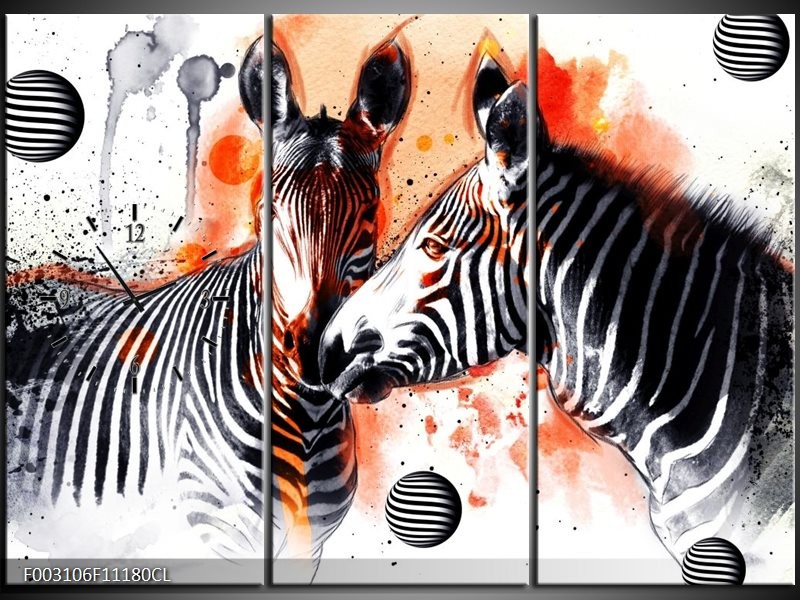 Klok schilderij Zebra | Rood, Zwart, Wit | 111x80cm 3Luik