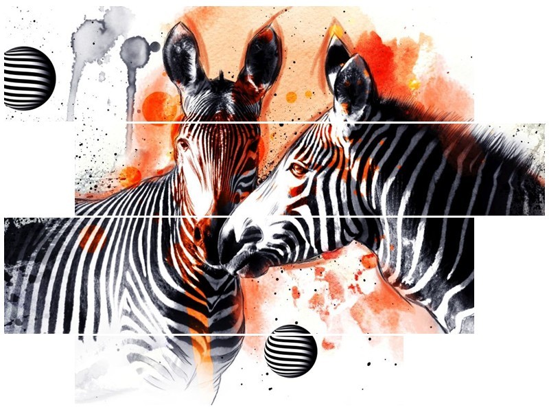 Canvas schilderij Zebra | Rood, Zwart, Wit | 115x85cm 4Luik