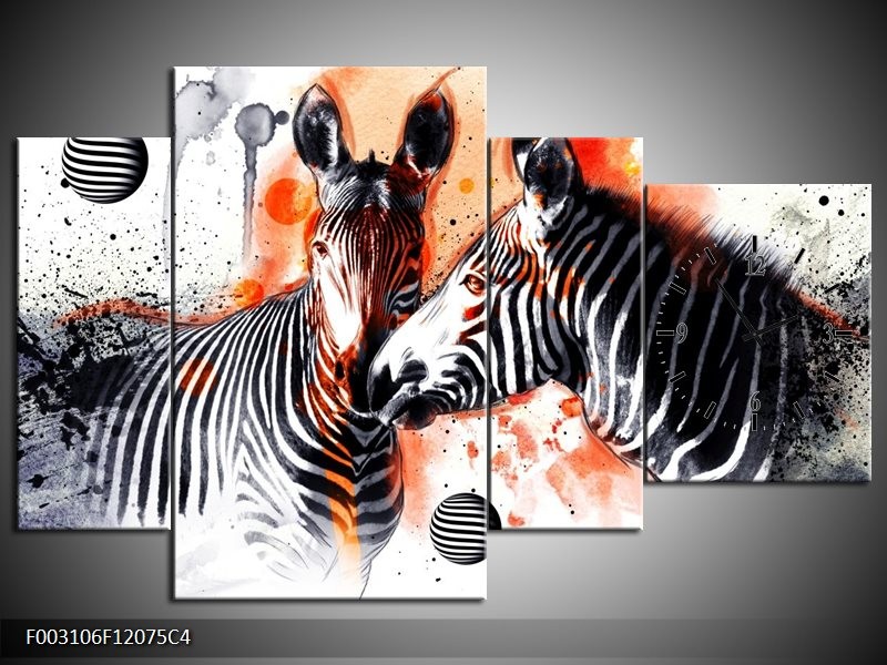 Klok schilderij Zebra | Rood, Zwart, Wit | 120x75cm 4Luik