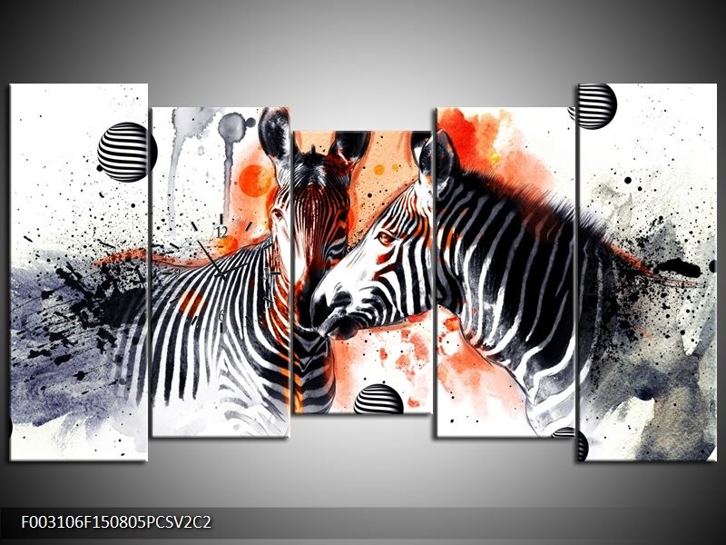 Klok schilderij Zebra | Rood, Zwart, Wit | 150x80cm 5Luik