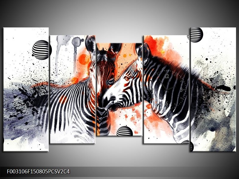 Klok schilderij Zebra | Rood, Zwart, Wit | 150x80cm 5Luik