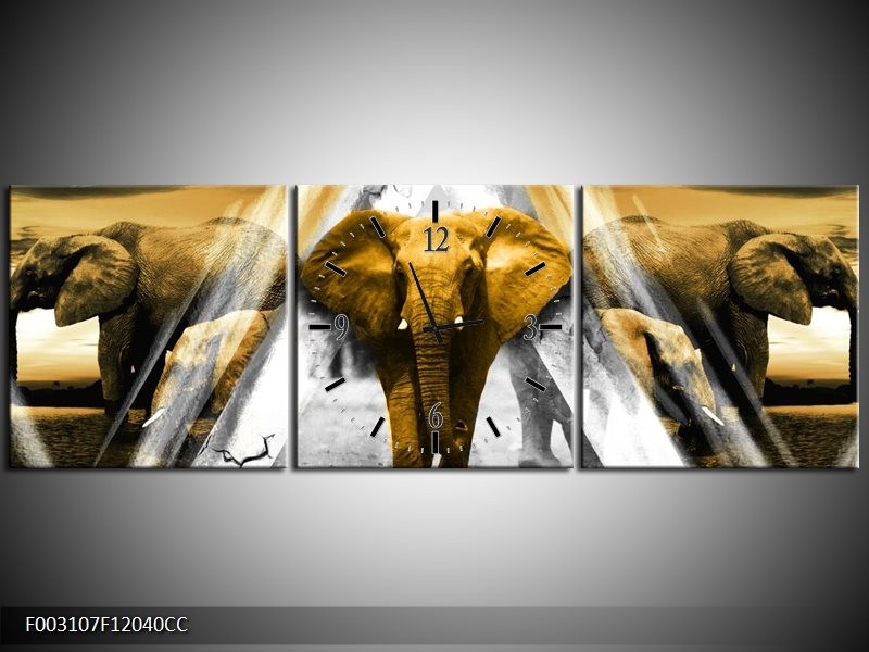 Klok schilderij Olifant | Geel, Wit, Grijs | 120x40cm 3Luik