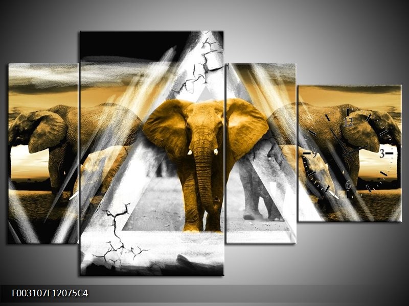 Klok schilderij Olifant | Geel, Wit, Grijs | 120x75cm 4Luik