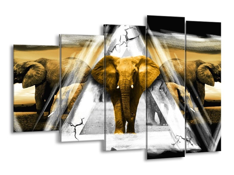 Canvas schilderij Olifant | Geel, Wit, Grijs | 150x100cm 5Luik