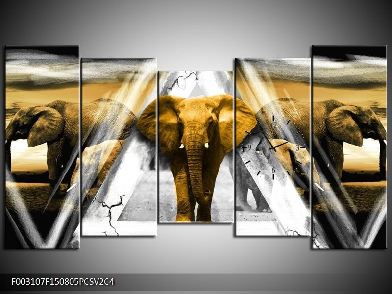 Klok schilderij Olifant | Geel, Wit, Grijs | 150x80cm 5Luik