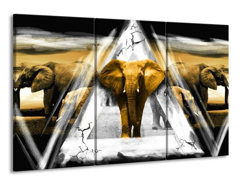 Canvas schilderij Olifant | Geel, Wit, Grijs | 165x100cm 3Luik