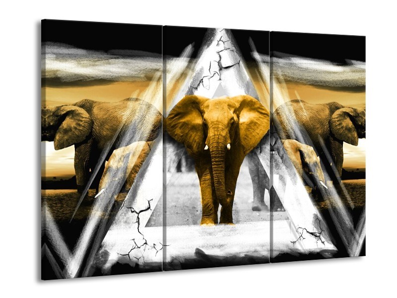 Canvas schilderij Olifant | Geel, Wit, Grijs | 90x60cm 3Luik