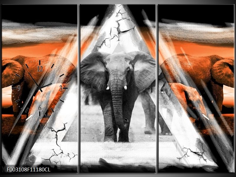 Klok schilderij Olifant | Oranje, Wit, Grijs | 111x80cm 3Luik