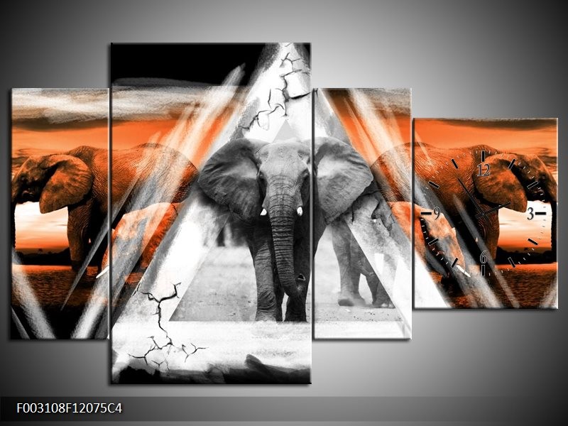 Klok schilderij Olifant | Oranje, Wit, Grijs | 120x75cm 4Luik