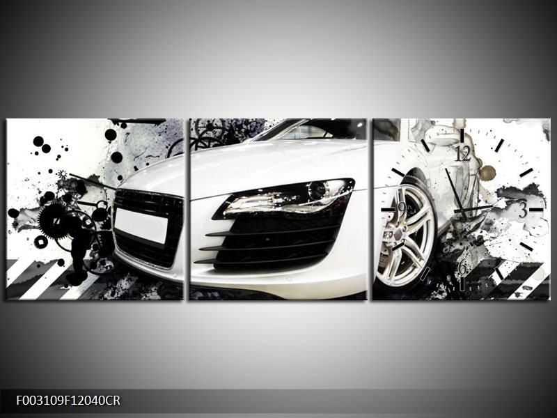 Klok schilderij Audi | Wit, Zwart, Grijs | 120x40cm 3Luik