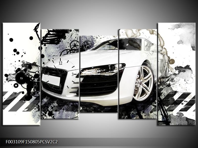 Klok schilderij Audi | Wit, Zwart, Grijs | 150x80cm 5Luik