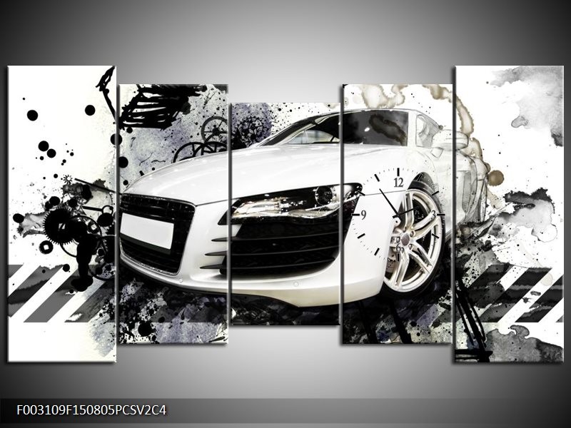 Klok schilderij Audi | Wit, Zwart, Grijs | 150x80cm 5Luik