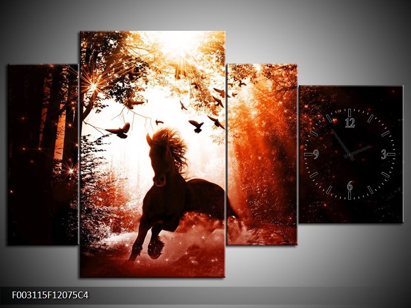 Klok schilderij Paard | Rood, Zwart, Wit | 120x75cm 4Luik