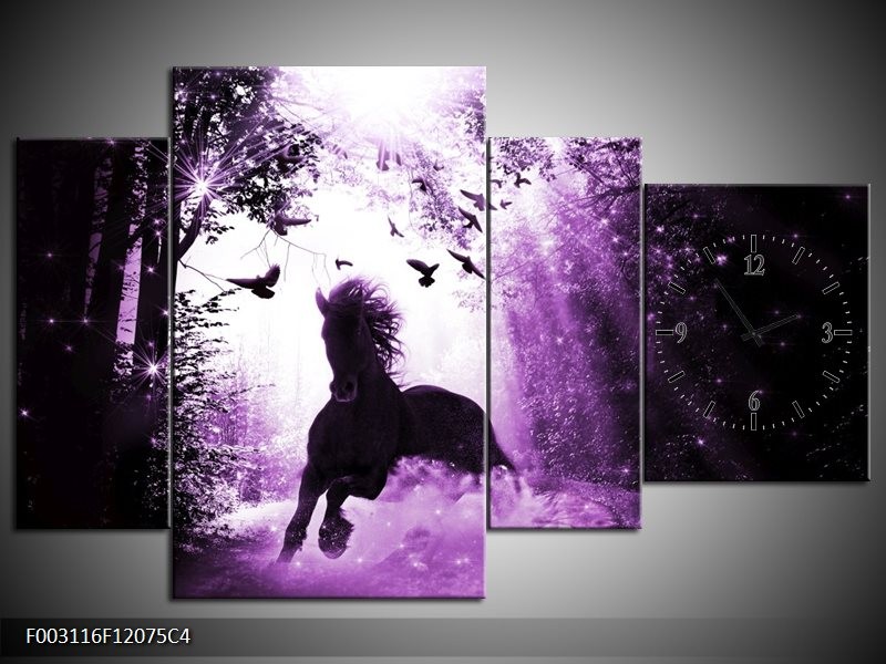 Klok schilderij Paard | Paars, Zwart, Wit | 120x75cm 4Luik