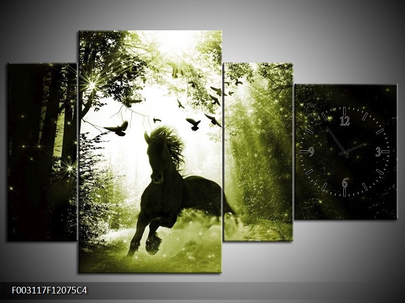 Klok schilderij Paard | Groen, Zwart, Wit | 120x75cm 4Luik