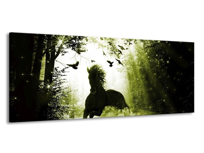 Canvas schilderij Paard | Groen, Zwart, Wit | 145x58cm 1Luik