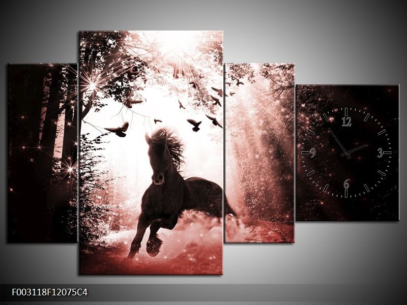 Klok schilderij Paard | Rood, Zwart, Wit | 120x75cm 4Luik