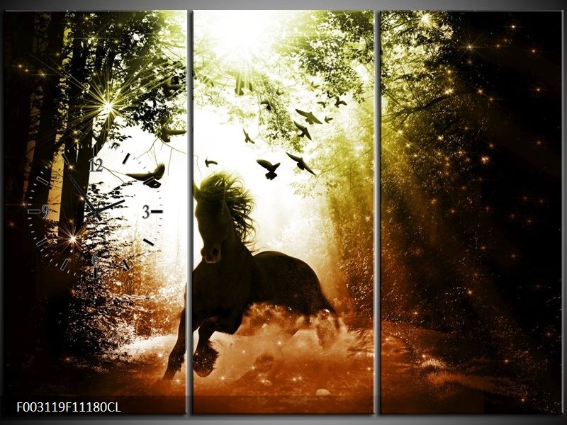 Klok schilderij Paard | Groen, Zwart, Wit | 111x80cm 3Luik