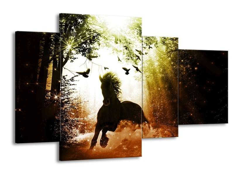 Canvas schilderij Paard | Groen, Zwart, Wit | 120x75cm 4Luik