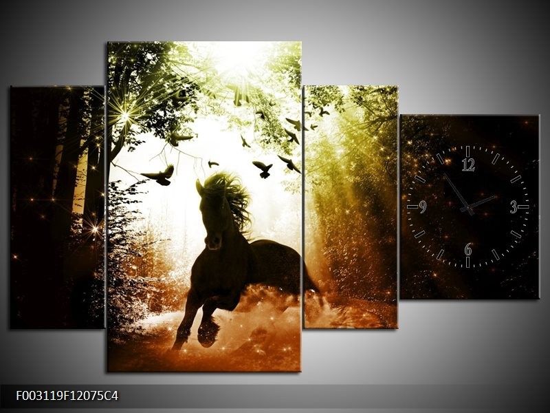 Klok schilderij Paard | Groen, Zwart, Wit | 120x75cm 4Luik