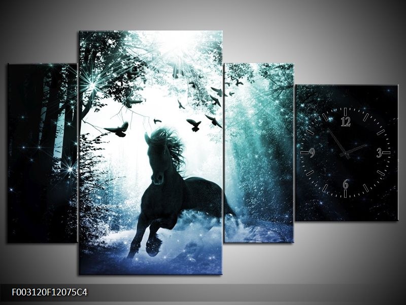 Klok schilderij Paard | Blauw, Zwart, Wit | 120x75cm 4Luik