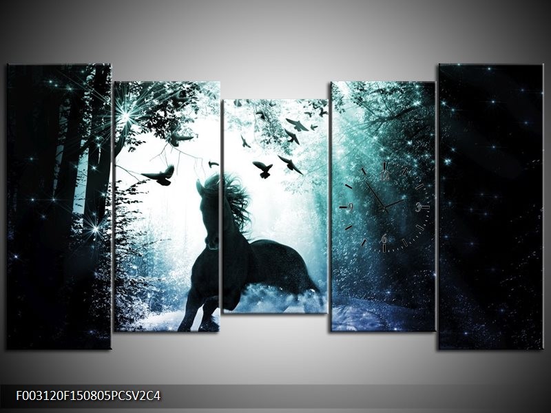 Klok schilderij Paard | Blauw, Zwart, Wit | 150x80cm 5Luik