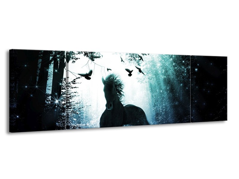 Canvas schilderij Paard | Blauw, Zwart, Wit | 170x50cm 3Luik