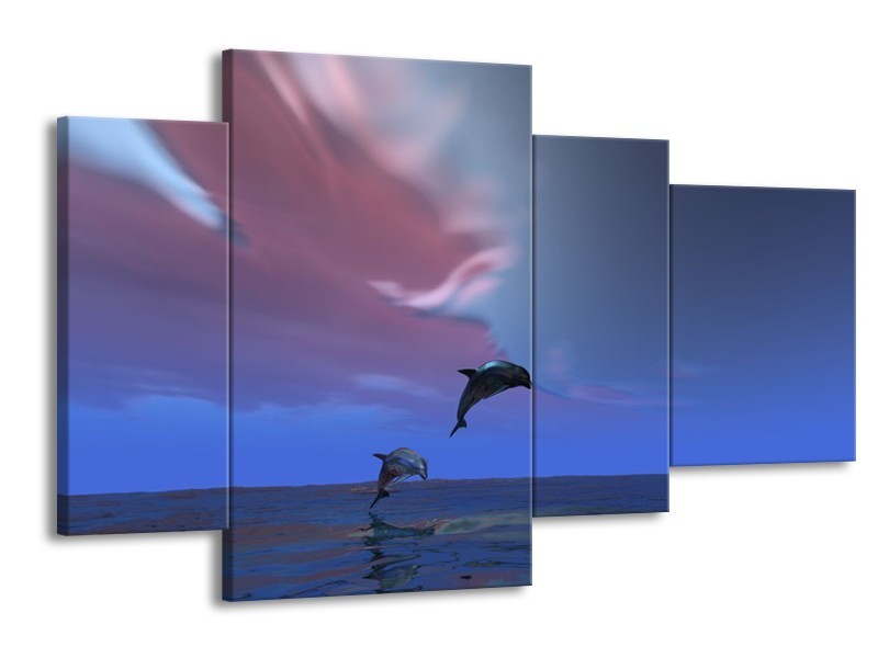 Canvas schilderij Dolfijn | Blauw, Paars, Grijs | 120x75cm 4Luik