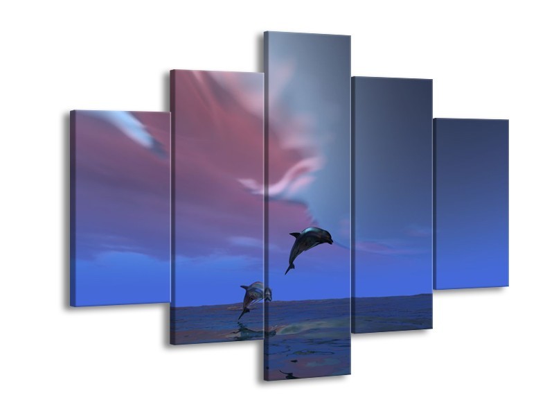 Canvas schilderij Dolfijn | Blauw, Paars, Grijs | 150x105cm 5Luik