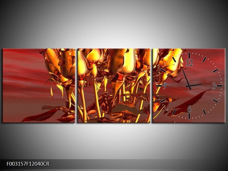 Klok schilderij Roos | Goud, Geel, Rood | 120x40cm 3Luik