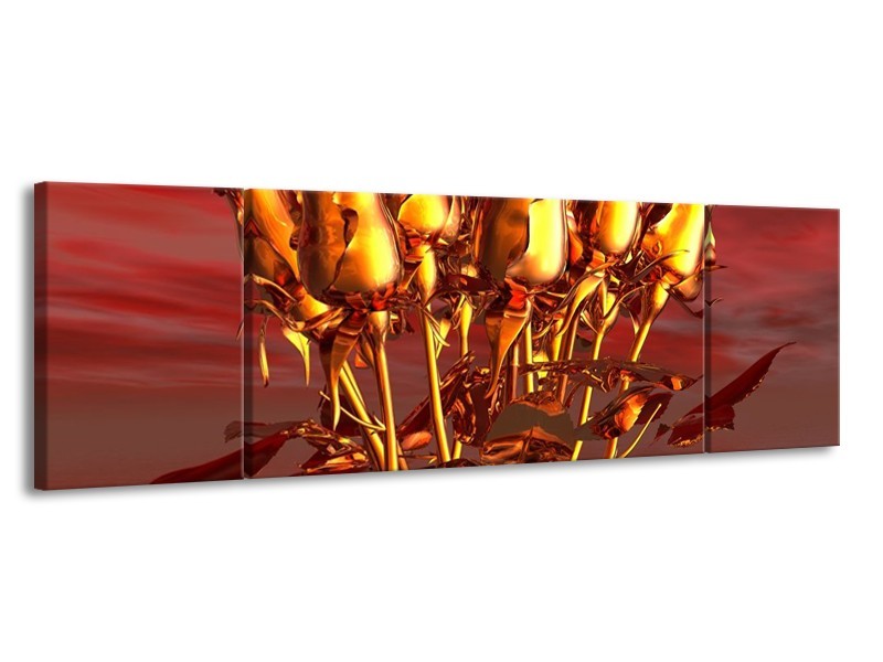 Canvas schilderij Roos | Goud, Geel, Rood | 170x50cm 3Luik