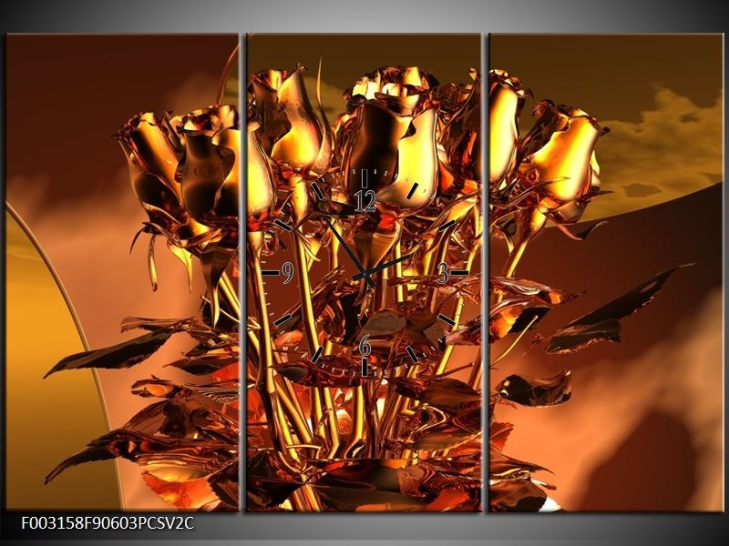 Klok schilderij Roos | Goud, Geel, Rood | 90x60cm 3Luik