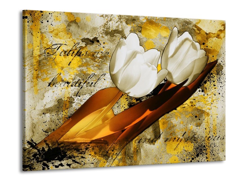 Canvas schilderij Tulpen | Wit, Bruin, Geel | 100x70cm 1Luik