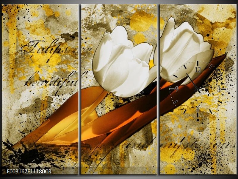 Klok schilderij Tulpen | Wit, Bruin, Geel | 111x80cm 3Luik