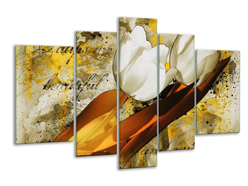 Glas schilderij Tulpen | Wit, Bruin, Geel | 170x100cm 5Luik