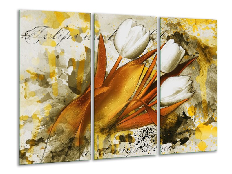 Canvas schilderij Tulpen | Wit, Bruin, Geel | 120x80cm 3Luik