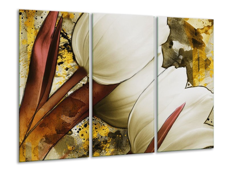 Canvas schilderij Tulpen | Wit, Bruin, Geel | 120x80cm 3Luik