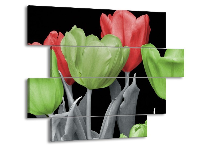 Canvas schilderij Tulpen | Groen, Grijs, Rood | 115x85cm 4Luik