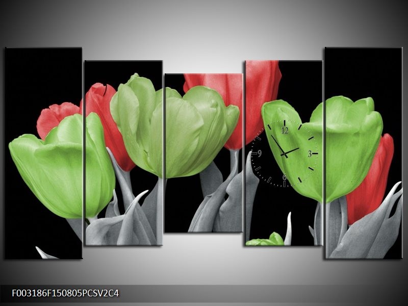 Klok schilderij Tulpen | Groen, Grijs, Rood | 150x80cm 5Luik