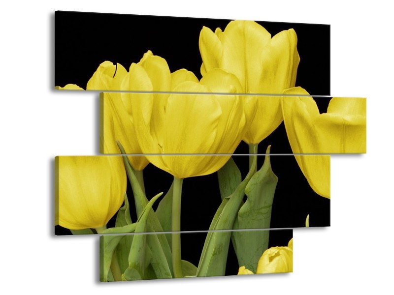 Canvas schilderij Tulpen | Geel, Groen, Zwart | 115x85cm 4Luik