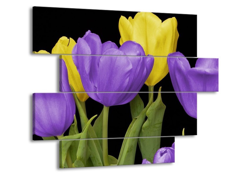 Canvas schilderij Tulpen | Paars, Geel, Groen | 115x85cm 4Luik