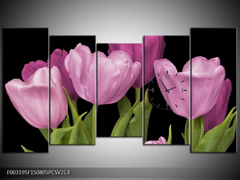 Klok schilderij Tulpen | Paars, Groen, Zwart | 150x80cm 5Luik