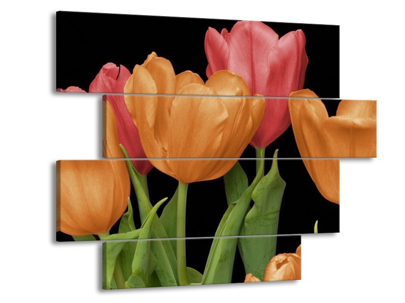 Canvas schilderij Tulpen | Oranje, Rood, Groen | 115x85cm 4Luik